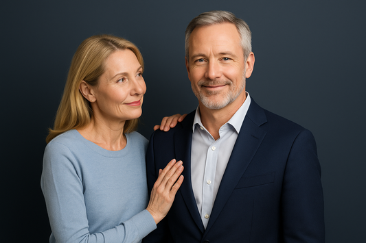 A supportive Western middle-aged woman gently standing beside a man against a navy-gray background, symbolizing trust, reassurance, and family support for men using absorbent underwear