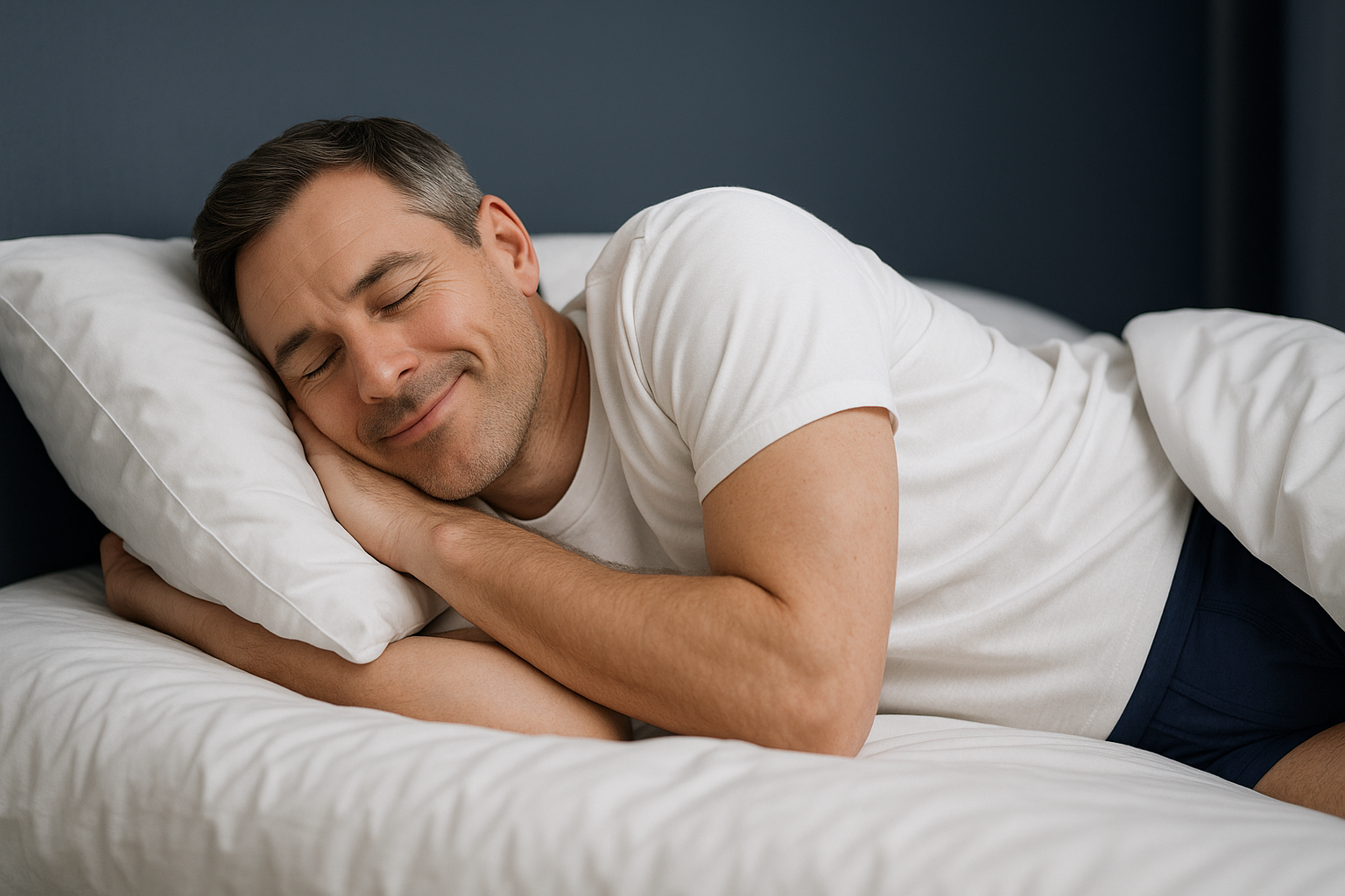 A relaxed Western middle-aged man sleeping peacefully in bed against a navy-gray background, symbolizing trust, reassurance, and improved sleep quality with absorbent underwear