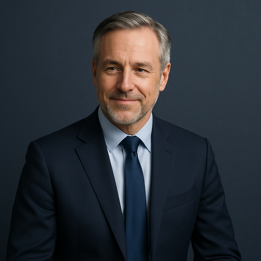 A professional middle-aged Western businessman in a navy suit looking reassured, symbolizing trust and solutions for male urinary leakage after prostate surgery or aging