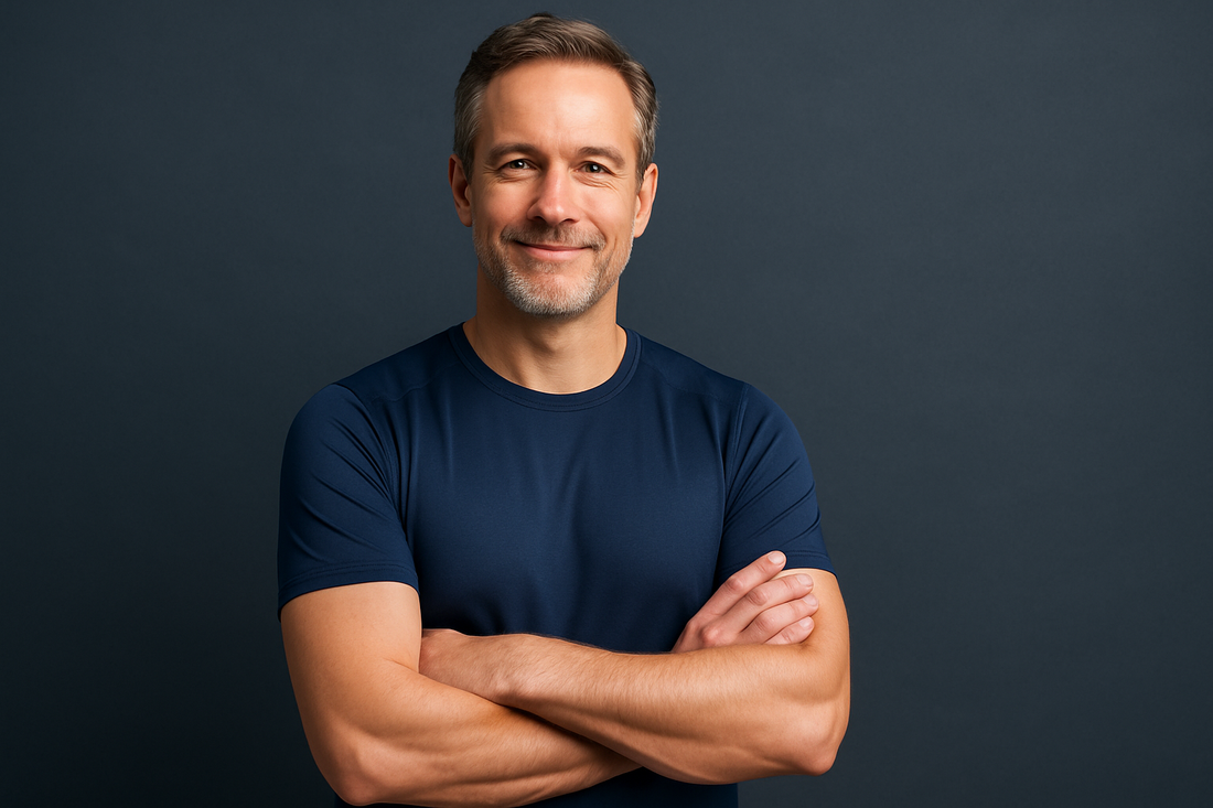 A confident middle-aged Western man in sportswear against a navy-gray background, symbolizing trust and reassurance for active men using absorbent underwear during jogging or weight training