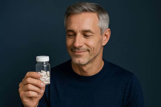 Middle-aged man holding medication with reassurance, symbolizing awareness of incontinence side effects and absorbent underwear solutions