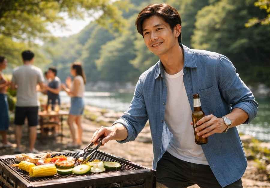 河川敷のBBQで野菜を焼くリラックスした30代男性。IBSの不安を乗り越え夏のイベントに参加するイメージ。