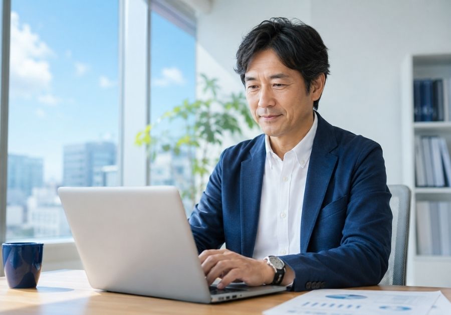 夏のエアコン冷え対策|涼しいオフィスで快適に仕事をする身なりの整った日本人男性