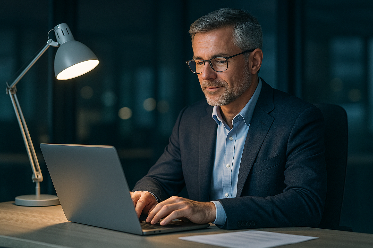 Western middle-aged man working at night in an office with a calm expression, symbolizing reassurance and comfort with absorbent underwear for urinary leakage prevention during night and shift work