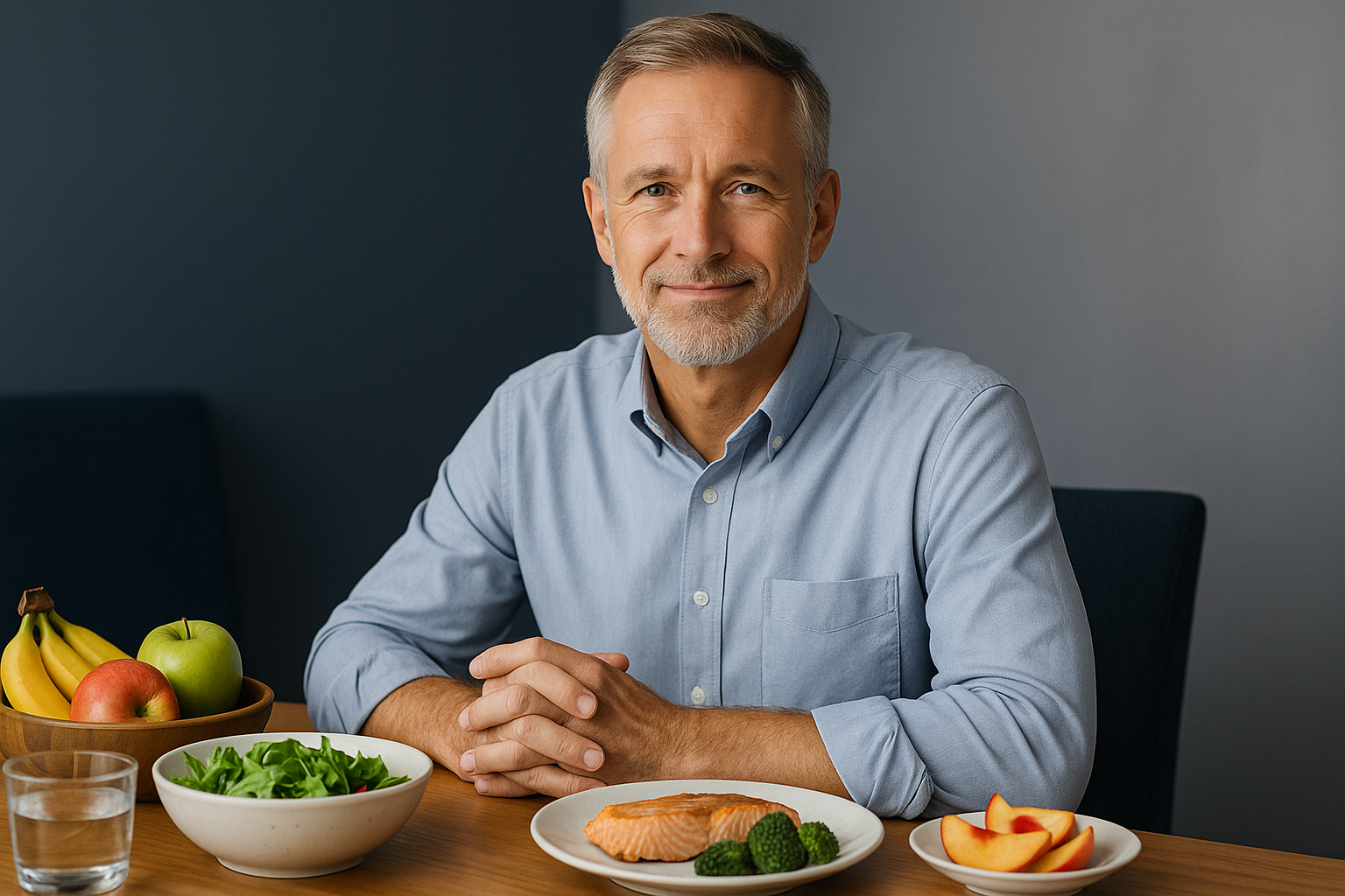 Western middle-aged man at a dining table with healthy food, symbolizing reassurance and comfort with absorbent underwear for urinary leakage prevention through nutrition and diet