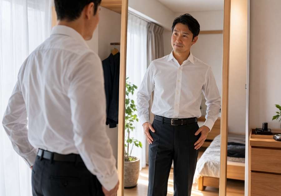 鏡でスラックスの見た目を確認する40代男性。尿漏れパンツが外からバレないことを確認するイメージ。