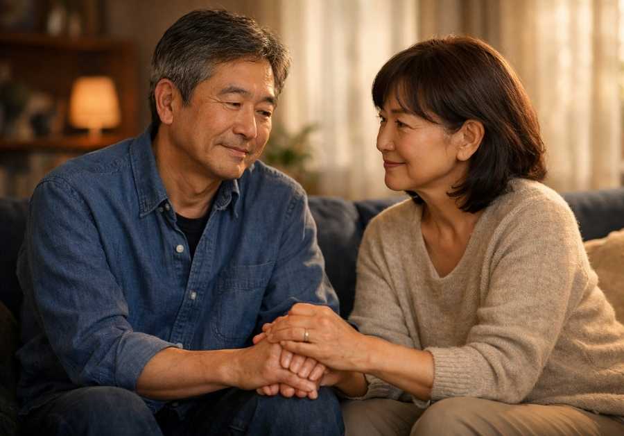 リビングで手を握り合い穏やかに微笑む中年夫婦。尿漏れの悩みをパートナーと共有し、信頼と安心を取り戻すイメージ。