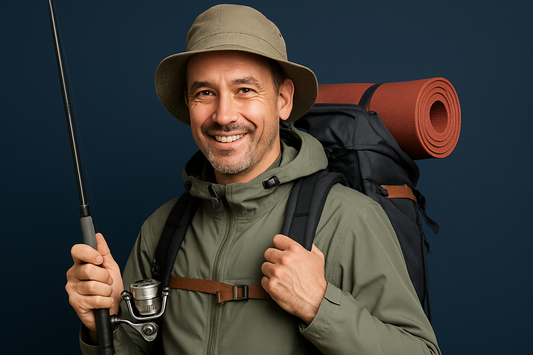 A clean and professional image of a middle-aged man in outdoor gear holding a fishing rod and backpack, standing against a navy background, conveying trust and readiness for outdoor activities.