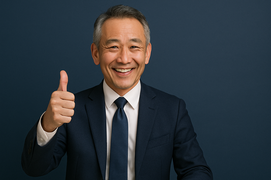 A clean and professional image of a smiling middle-aged East Asian man in a navy suit giving a thumbs-up against a navy background, symbolizing confidence, trust, and reassurance.