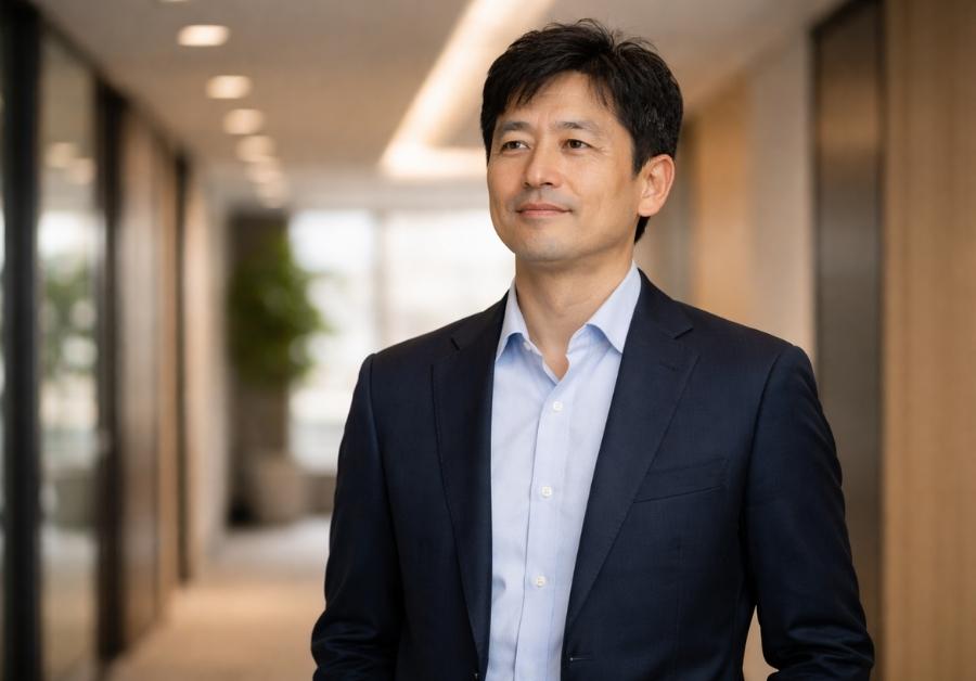 オフィスの廊下で落ち着いた表情で立つ中年男性。切迫した尿意をコントロールする「走らない勇気」のイメージ。