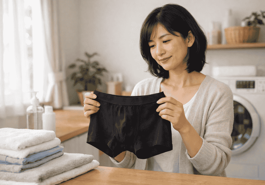 洗濯物を畳みながら夫のボクサーパンツを手に取る40代前半の女性。夫の尿漏れにそっと気づいた妻のイメージ。