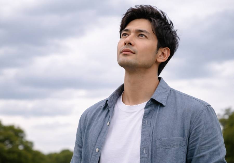 曇り空を見上げる容姿の整った30代短髪の日本人男性