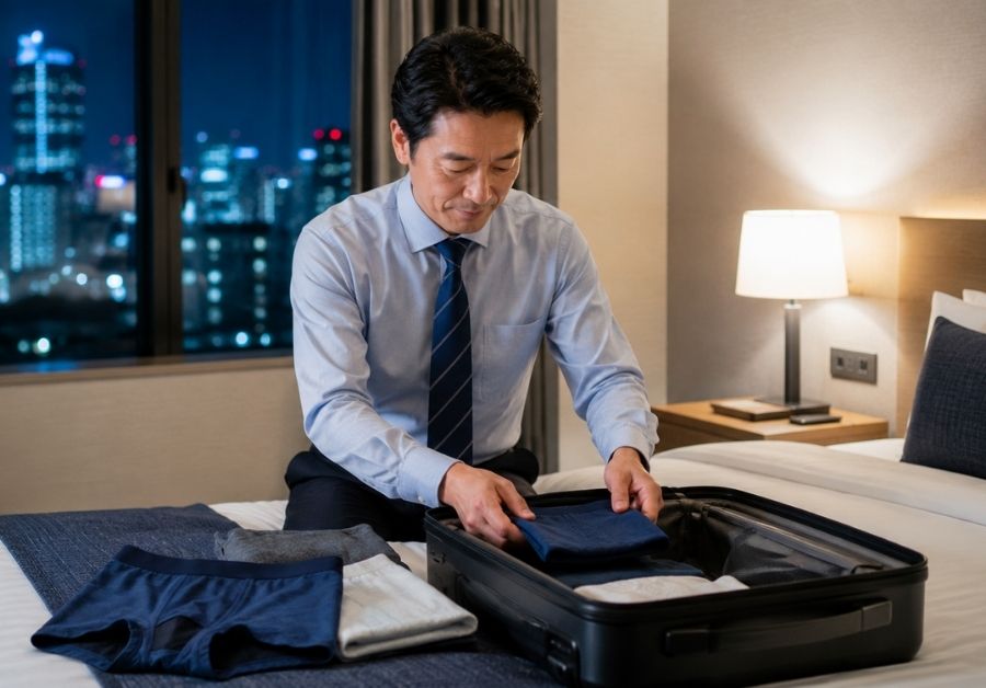 出張のホテルで吸水パンツを準備するビジネスマン|洗濯・乾燥・持ち運びのイメージ