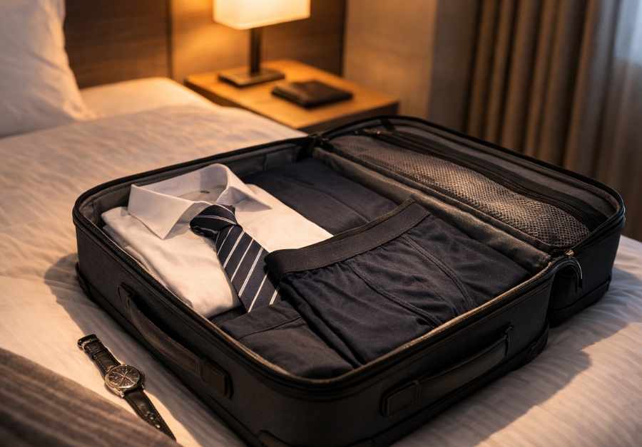 ビジネスホテルで開かれたスーツケース。整理された出張の荷物のイメージ。