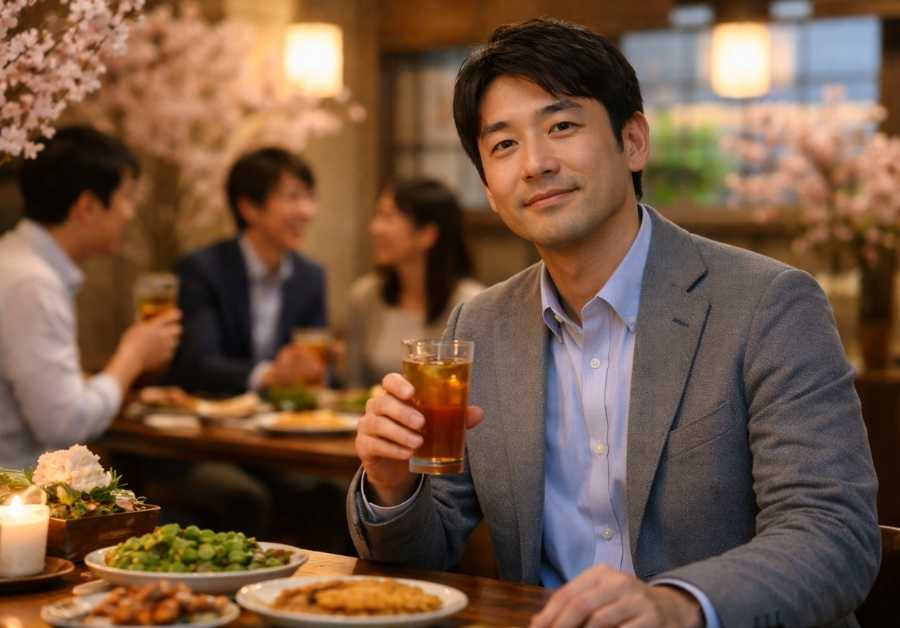 30代後半から40代の男性が春の歓送迎会でノンアルコール飲料を持ち健康に配慮しながら快適に参加している様子