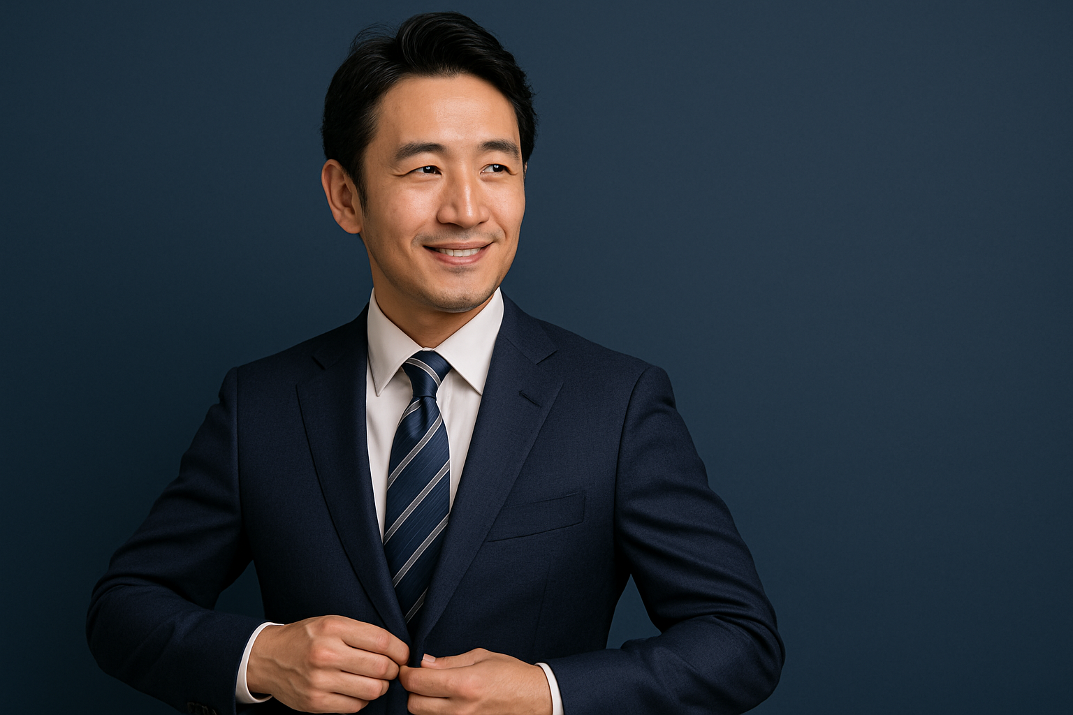 A clean and professional image of a stylish East Asian businessman in a navy suit adjusting his jacket against a navy background, symbolizing confidence, trust, and discreet design.