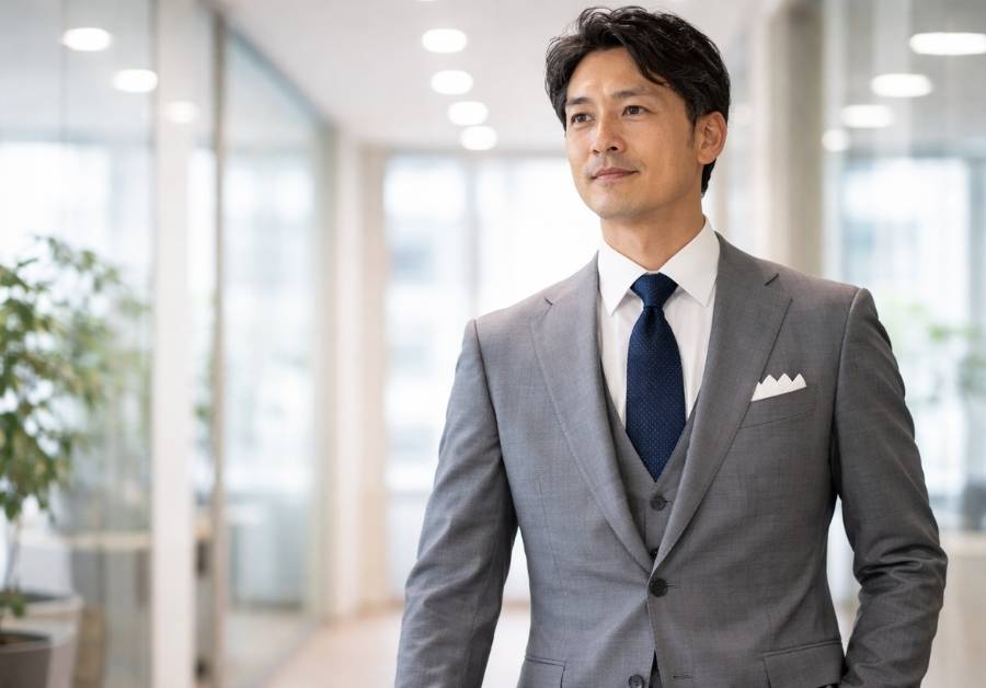 グレーのスーツを着て自信を持ってオフィスを歩く40代半ばのビジネスマン。排尿後の悩みを解決し日常を取り戻したイメージ。