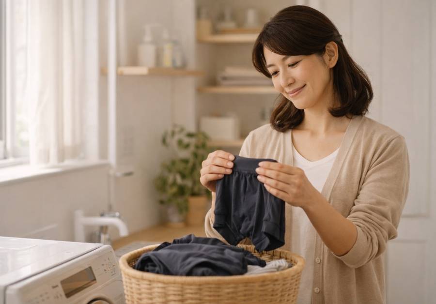 洗濯物を畳む女性|夫の吸水パンツの洗い方と乾かし方のコツ