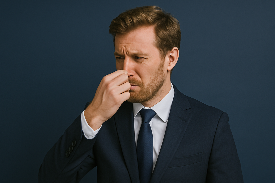 A clean and professional image of a Caucasian businessman in a navy suit pinching his nose with a displeased expression against a navy background, symbolizing concern about odor and psychological impact.