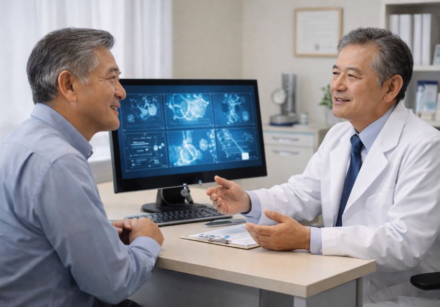 泌尿器科で医師に相談する中高年男性 - 前立腺肥大と尿漏れの関係ガイド