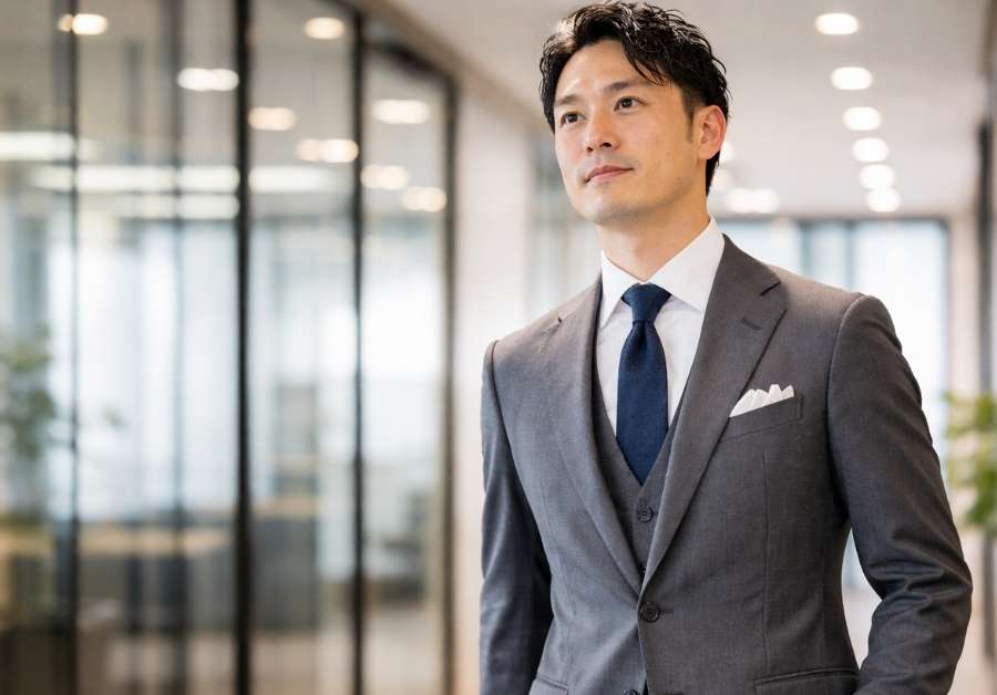 グレーのスーツを着てオフィスを歩く30代半ばのビジネスマン。尿漏れ対策をして自信を取り戻したイメージ。