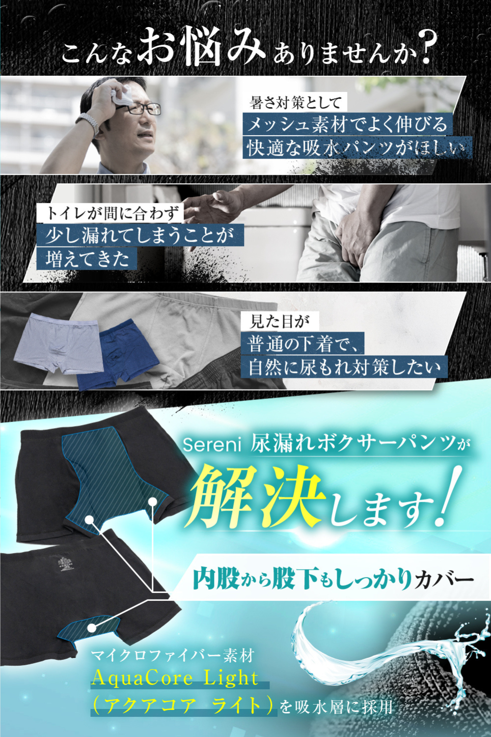 暑さ対策・スポーツ用 メッシュ 50ml対応 尿漏れパンツ クロ