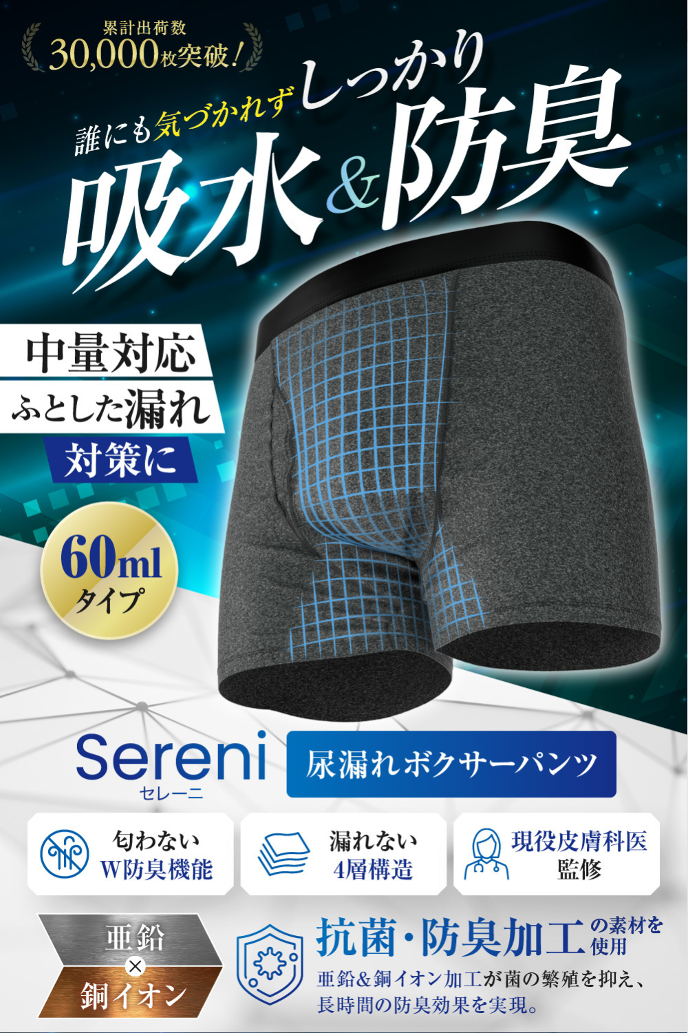 {{中容量 60ml対応 尿漏れパンツ チャコール 2枚セット}} {{variant_title}}.