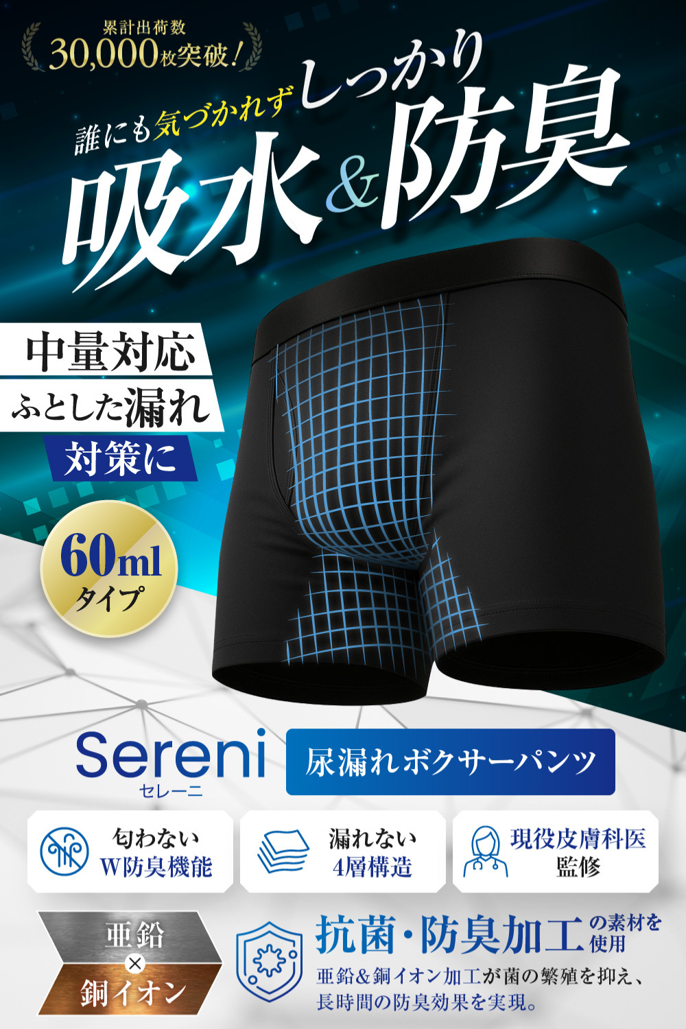 Sereni 60ml中量吸水ボクサーパンツの構造説明画像|吸水シートと防水層で中量の尿漏れをしっかりカバー