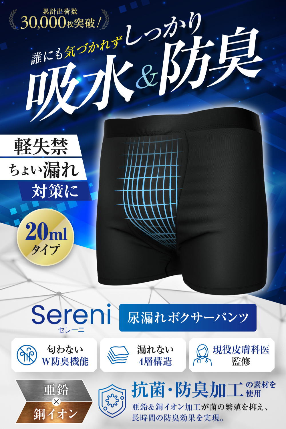 Sereni 吸水ボクサーパンツの吸収構造説明画像|20cc対応・洗濯可能な男性用尿漏れ対策パンツ