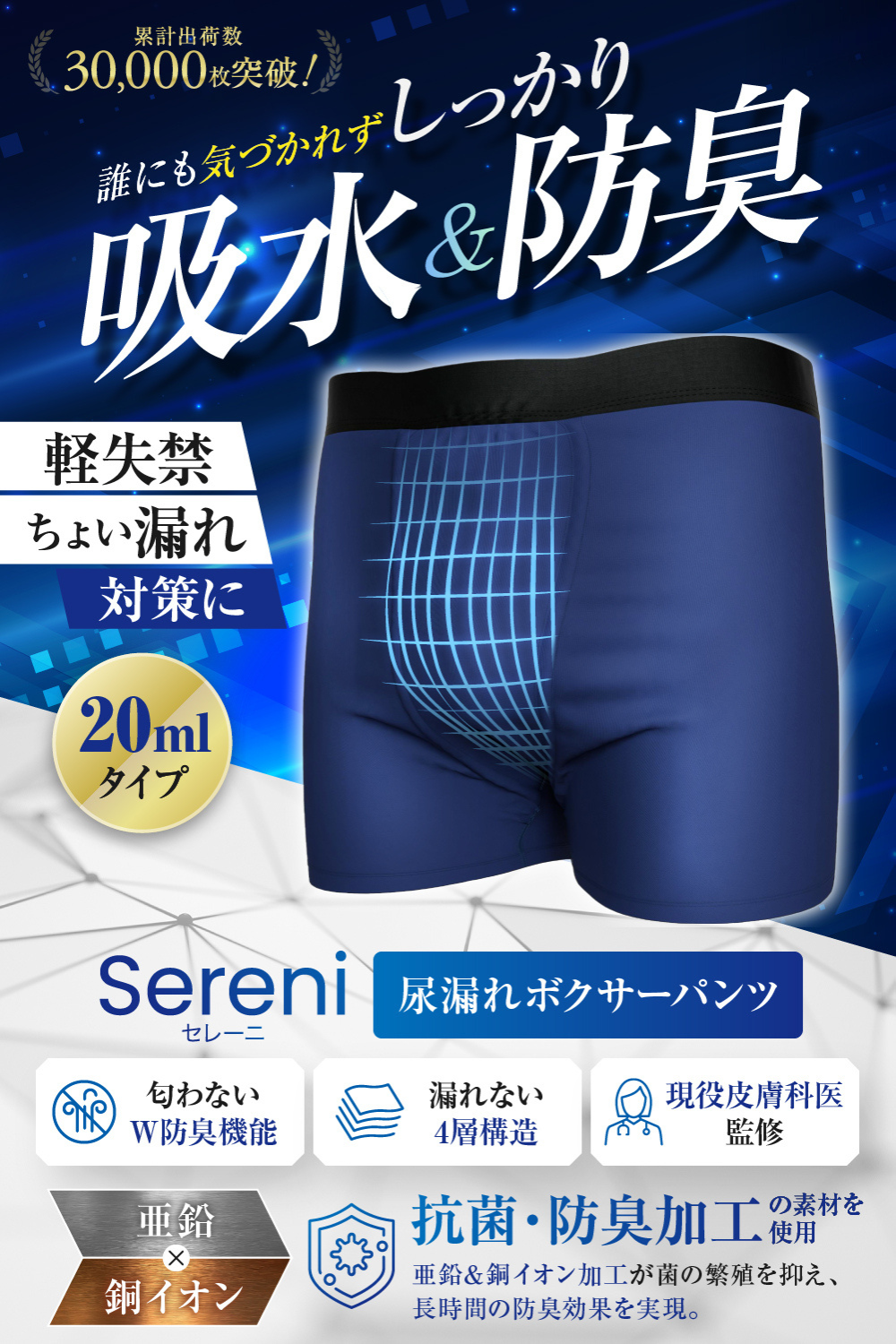 ちょい漏れ 20ml対応 尿漏れパンツ ネイビー 3枚セット