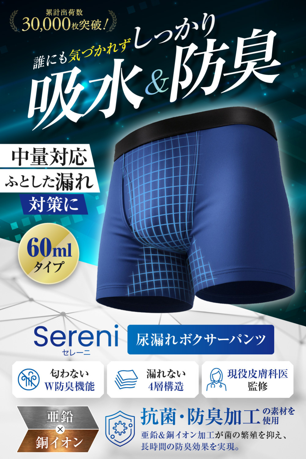 {{中容量 60ml対応 尿漏れパンツ ネイビー 2枚セット}} {{variant_title}}.