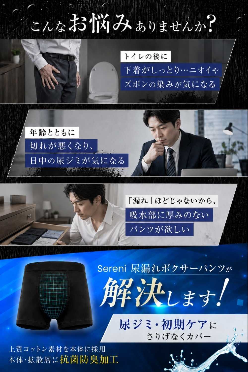5ml対応 尿漏れパンツ 男性用 前閉じ コットン|尿ジミ・初期ケア エントリーモデル