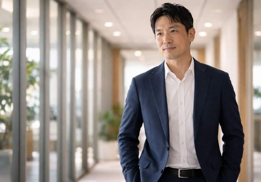 オフィスの廊下を歩く40代前半の日本人男性。ビジネスカジュアルの自信ある佇まい。