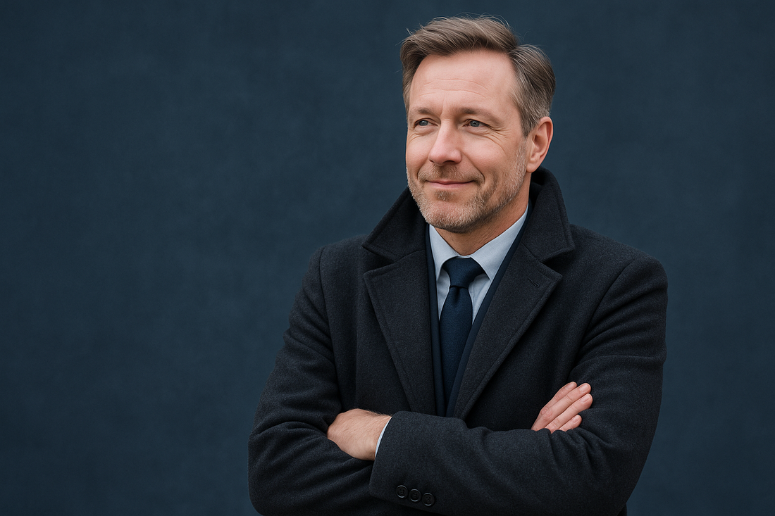 A Western middle-aged businessman in a suit and coat outdoors in cool weather, looking reassured, symbolizing protection and comfort with absorbent underwear against cold-related incontinence risks.