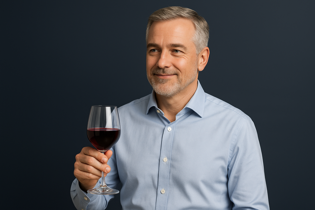 Western middle-aged man calmly holding a glass of wine, symbolizing reassurance and comfort with absorbent underwear for urinary leakage prevention related to alcohol consumption