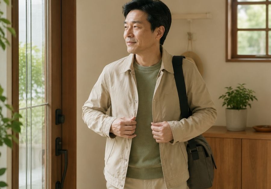 外出前に備える男性｜軽い便もれ・ガス漏れ対策のイメージ