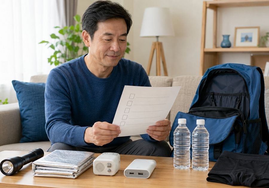 停電・断水に備えて防災リュックを点検する男性｜災害時にも役立つ男性用吸水パンツの備え