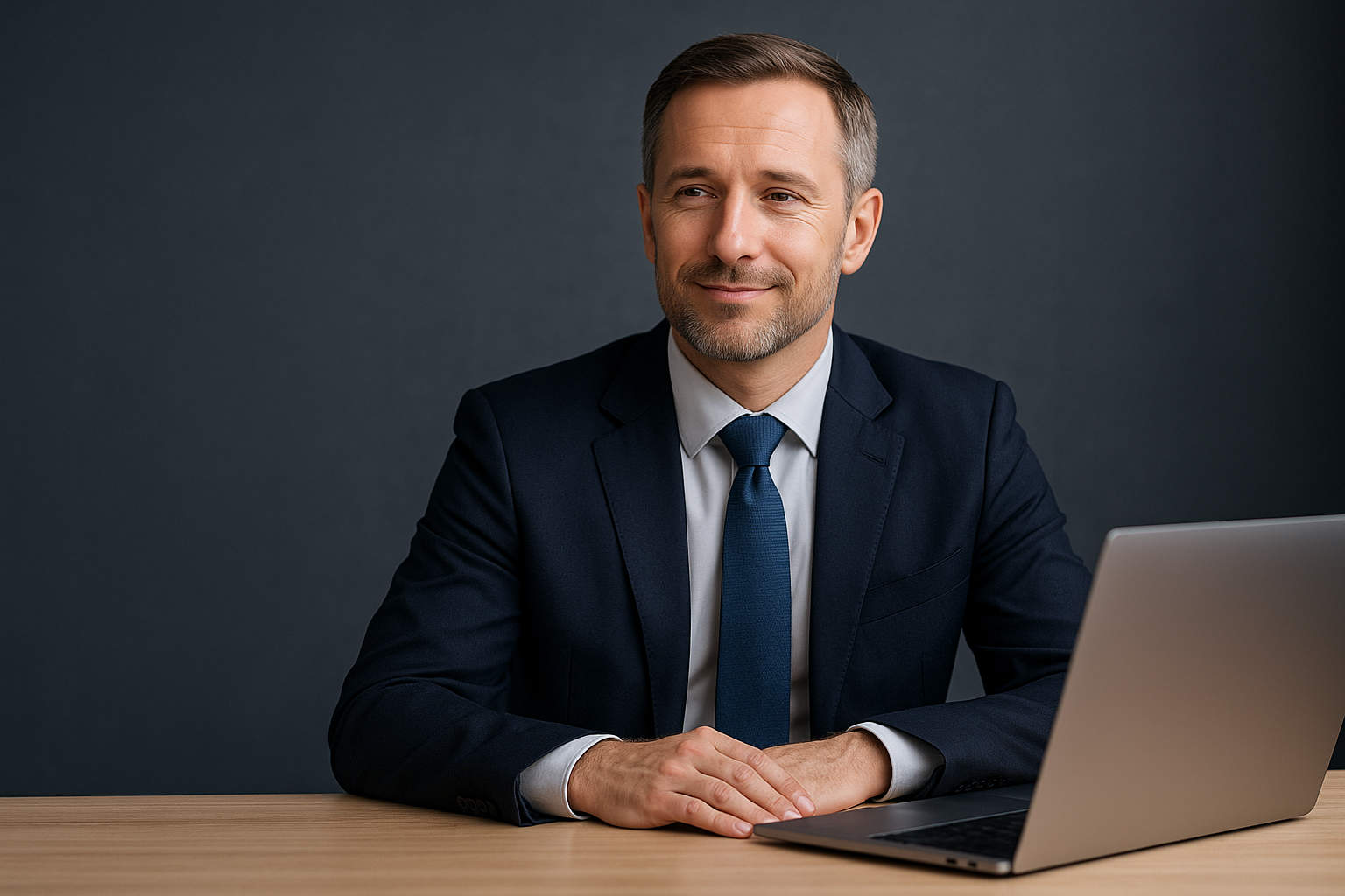 A confident Western middle-aged businessman in a suit working at his desk with a calm expression, symbolizing reassurance and comfort with absorbent underwear in the workplace.