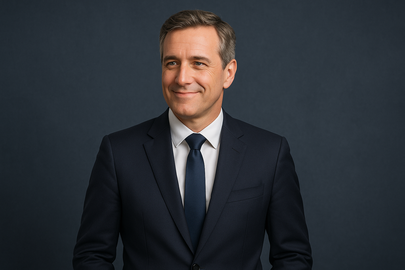 A Western middle-aged businessman in a suit looking reassured with a calm expression, symbolizing confidence and comfort with absorbent underwear that reduces embarrassment from male incontinence.