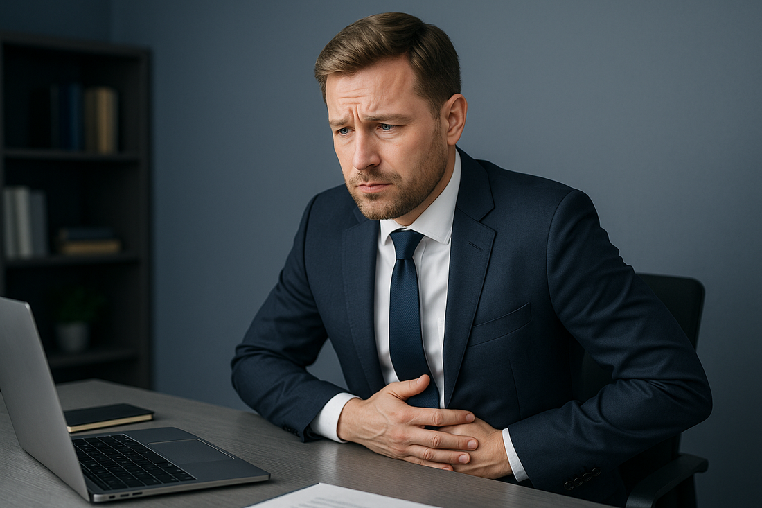 A Western businessman in a navy and gray office background, holding his stomach with a worried expression, conveying cleanliness, calmness, and trust.