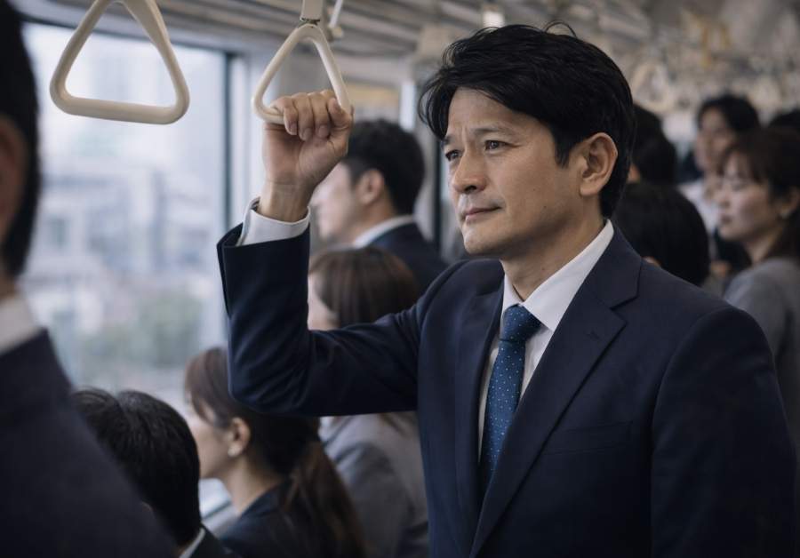 ４０代の男性が通勤電車で吊革につかまって外を眺めている