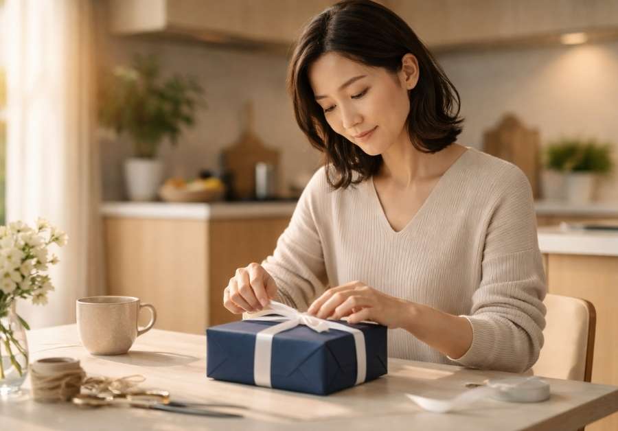 父へのプレゼントを準備する30代女性。プライドを傷つけずにさりげなく贈るイメージ。