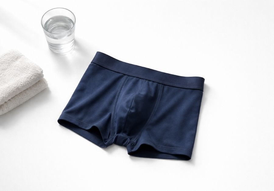 清潔感のある白い背景にネイビーブルーの男性用ボクサーパンツが畳まれて置かれたフラットレイ写真