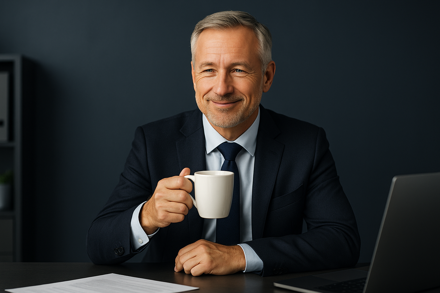 Western middle-aged businessman holding a cup of coffee with a calm expression, symbolizing reassurance and comfort with absorbent underwear for urinary leakage prevention related to diuretic drinks