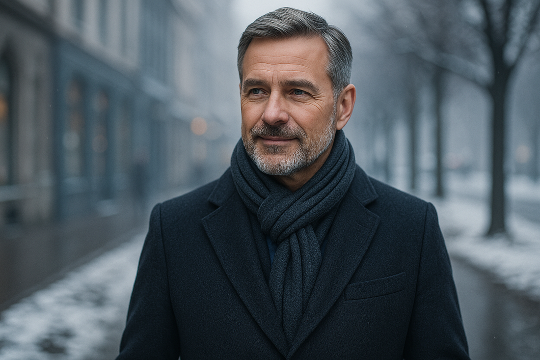Western middle-aged man wearing a coat and scarf in a winter city scene, symbolizing reassurance and comfort with absorbent underwear for urinary leakage prevention in cold weather