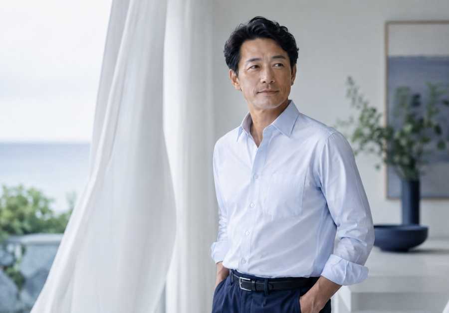 confident, clean-cut Japanese man in his 40s-50s wearing a crisp fresh white or light-blue shirt