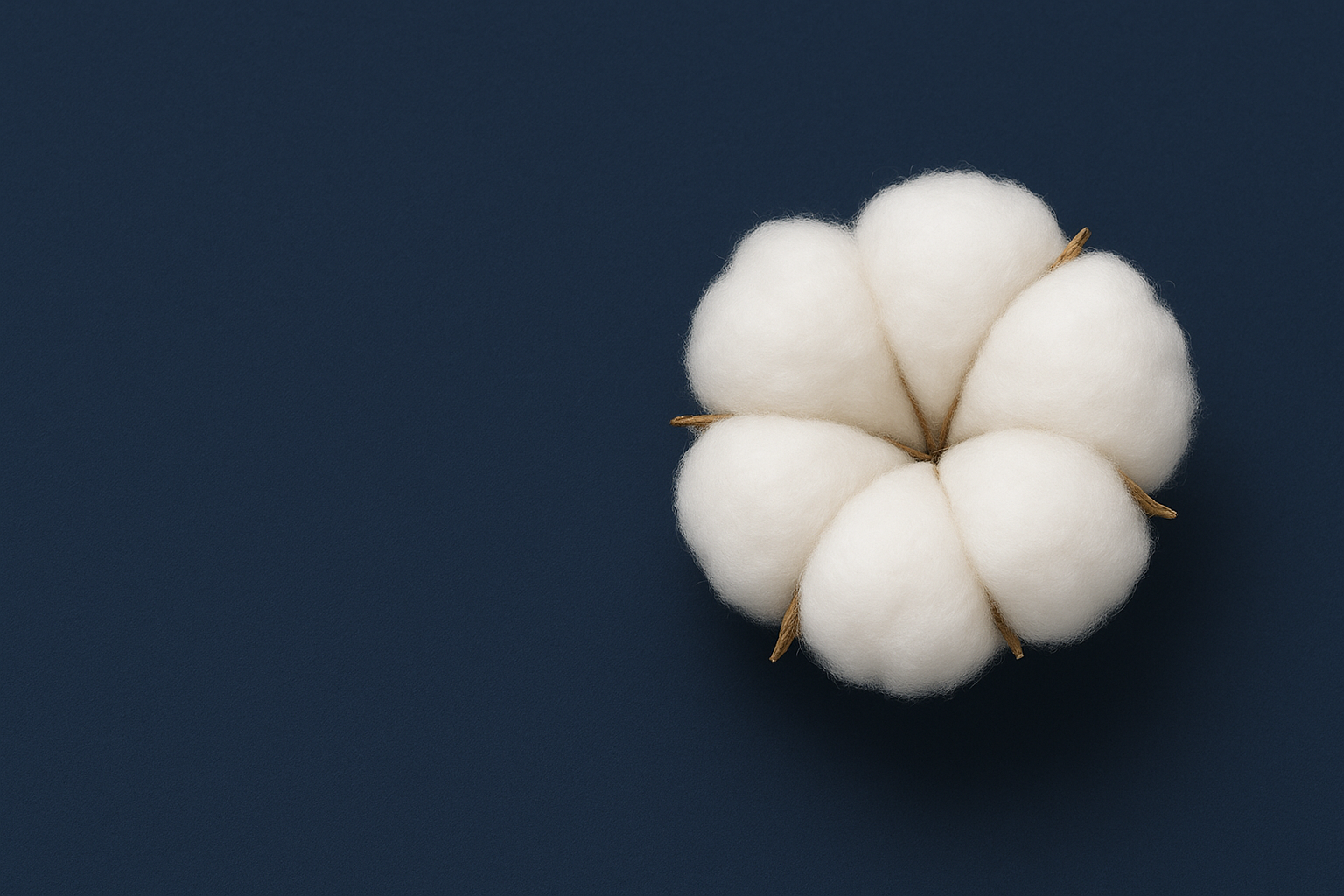 A minimalist, clean image of a fluffy white cotton boll set against a navy blue textured background, symbolizing softness, comfort, and trust.