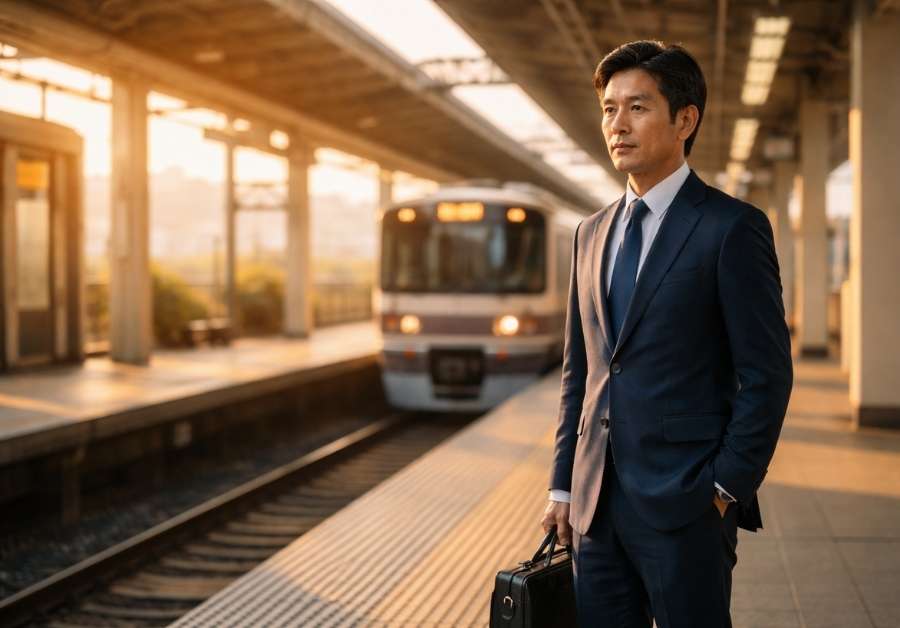 朝のホームで穏やかに立つ40代のビジネスマン。IBSの通勤不安を乗り越え急行電車に再び乗れるようになったイメージ。