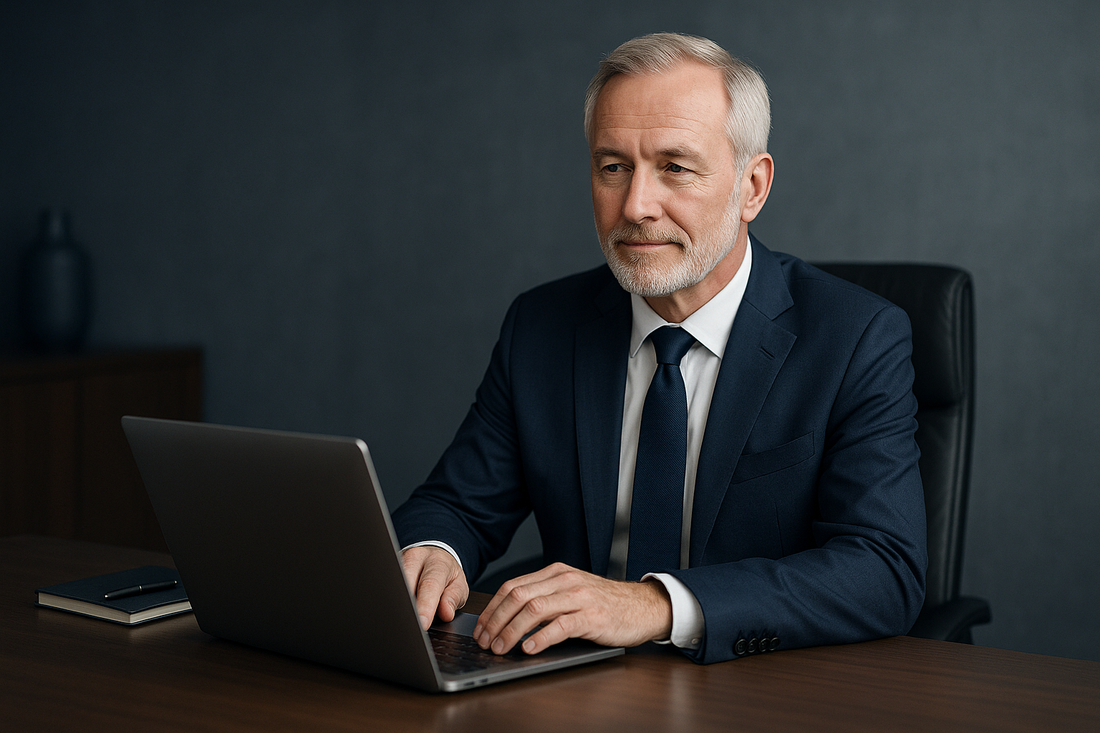 Western middle-aged businessman working at a desk with a calm expression, symbolizing reassurance and comfort with absorbent underwear for urinary leakage prevention during long desk work