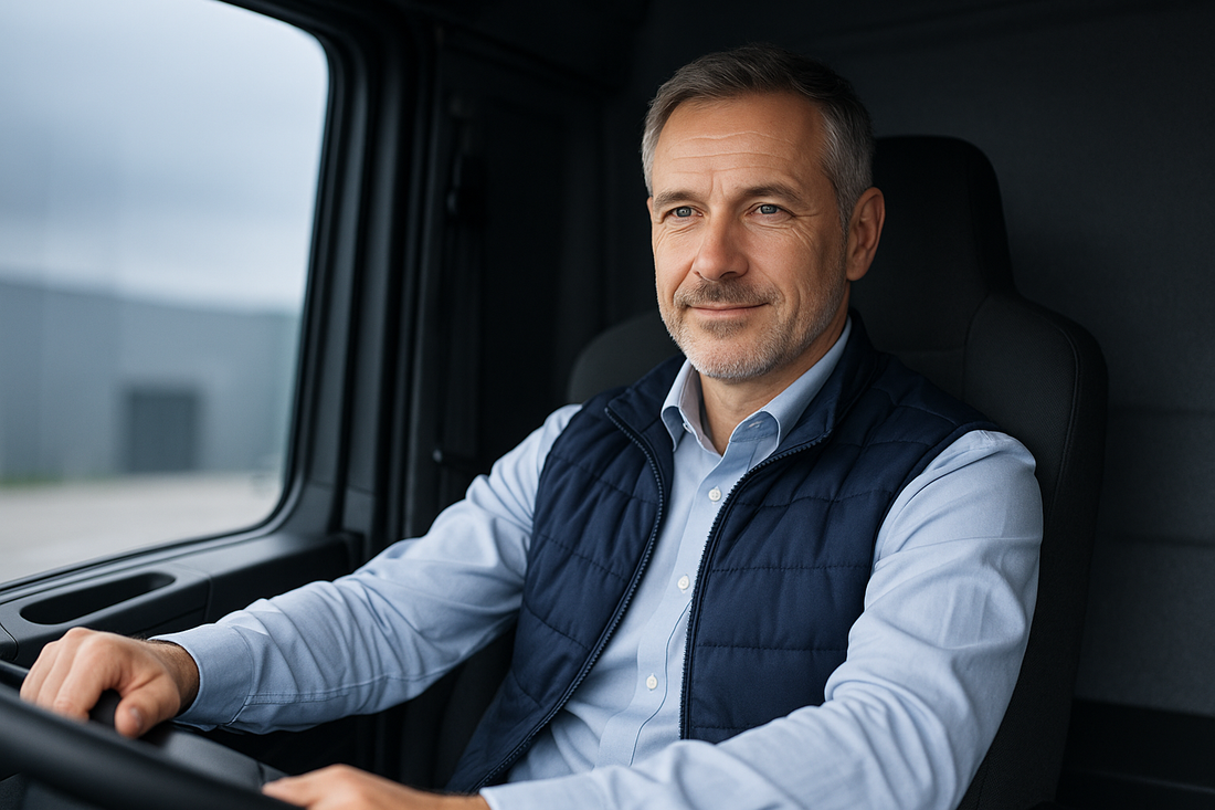 Western middle-aged male driver sitting in a truck seat with a calm expression, symbolizing reassurance and comfort with absorbent underwear for urinary leakage prevention during long driving hours